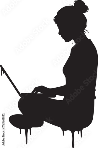 Silhouette of woman using laptop, a modern work from home concep
