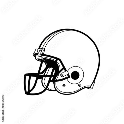 Black and white illustration of a football helmet, side view, with face mask and details.