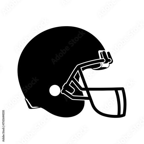 Black silhouette of an American football helmet with a face mask, viewed from the side, on a white background.