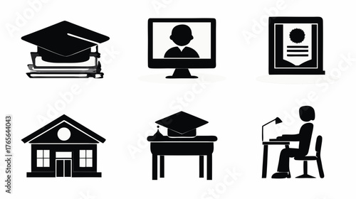 Black and white education icon set with symbols for learning, graduation, online school, diploma, and student studies