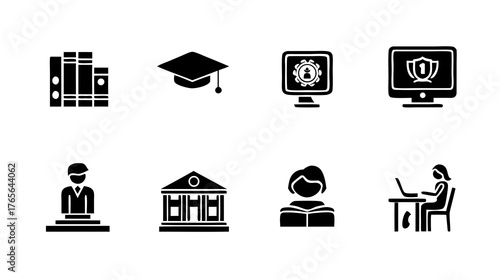 Comprehensive Education and Learning Icons Set. Academic symbols include books, graduation cap, e-learning, student, and university building.