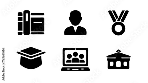 Education icons set: books, student, medal, graduation cap, online learning, and school building symbols.