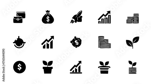Business and Financial Growth Vector Icon Set. Money, Investment, Startup Success, Savings, and Economic Progress Symbols.