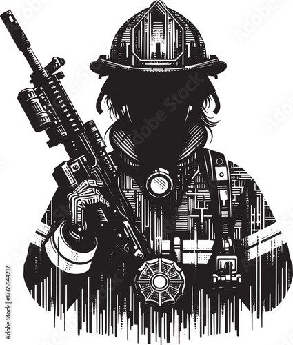 Artistic Illustration of a Firefighter with a Rifle: A Symbol of