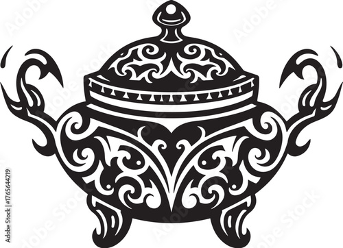Ornate incense burner icon in black and white, evocative of trad