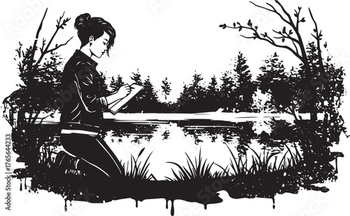 Monochrome drawing of a woman sketching by a serene lake surroun