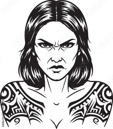 Strong woman vector illustration with intense gaze and tribal ta