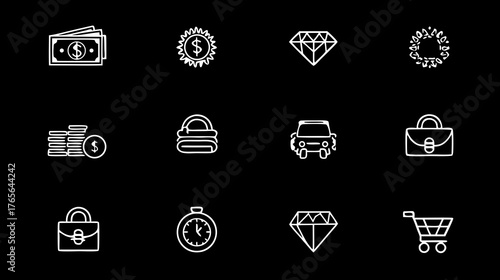 Financial and Business Icons Set with Money, Wealth, Shopping, Payment, and Luxury Symbols for E-commerce and Banking Concepts