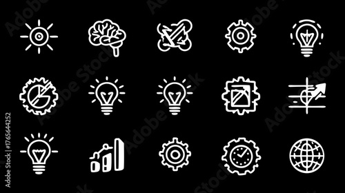 Set of modern white line icons for creative ideas, business strategy, technology, and innovation on black background