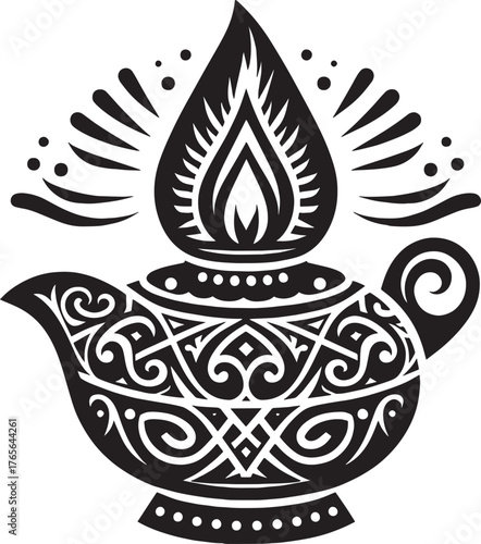 Intricate black and white illustration of a decorative oil lamp