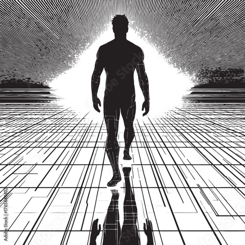 A Silhouette of a Man Walking Towards the Light in a Futuristic