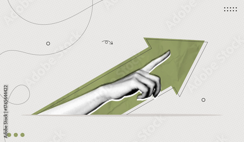 Trendy Halftone Collage Hand and stock arrow move up. Market statistics chart. Finance business data graph. Investment growth. Trending upwards. Contemporary vector illustration art