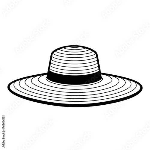 Black and white line art illustration of a wide-brimmed straw hat with a striped pattern and a solid band.