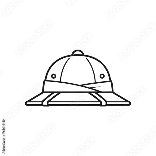 Line art illustration of a classic pith helmet, a traditional sun hat often worn for safaris or tropical exploration.