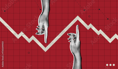 Trendy Halftone Collage Pointing Hands and Red Arrow going down. Financial problems business failure. Falling trading market. Crisis and despair. Investment losses. Vector illustration art