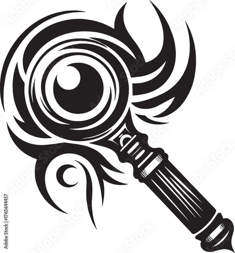 Black and white illustration of a stylized magnifying glass with