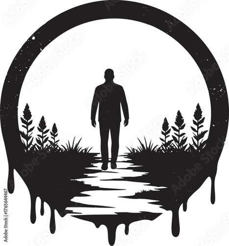Conceptual silhouette of a man walking along a nature path, symb