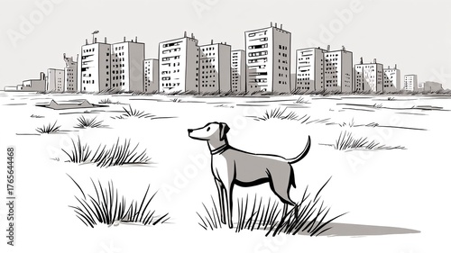 Minimalist line art illustration of a stray dog with calm reflective mood symbolizing urban loneliness and responsibility, for animal shelter awareness campaigns, social advertising, educational publi