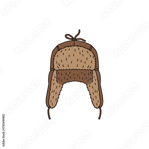 Hand-drawn brown furry trapper hat with ear flaps, also known as an ushanka, isolated on a white background.