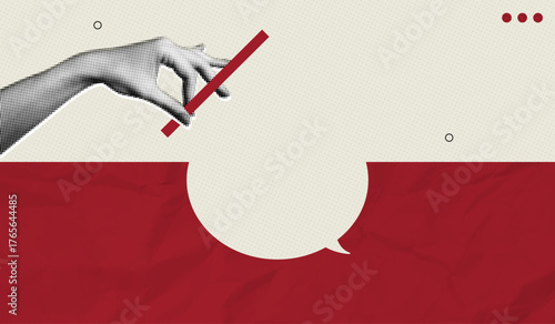 Trendy Halftone Collage Building business communications concept. Hand places last bridge block to overcome challenge. Relationship solution. Leadership support. Contemporary vector illustration art