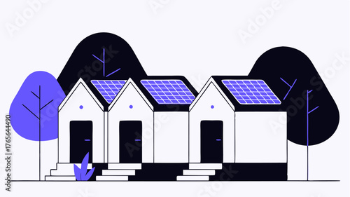 A of tiny homes designed for communal living each equipped with solar panels and surrounded by shared green spaces pathways and communal gardens for residents.