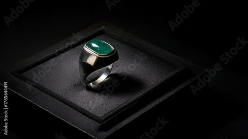 Modern silver ring with bold green gemstone on black platform under dramatic lighting. Ideal for editorial, luxury, fashion, or jewelry catalog photography themes.