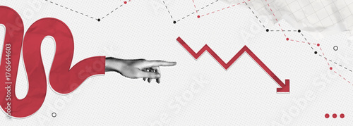 Trendy Halftone Collage Hand poiting red arrow going down. Financial problems business failure. Falling trading market. Crisis and despair. Investment losses. Contemporary vector illustration art