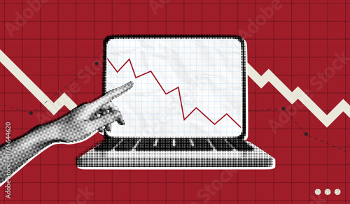 Trendy Halftone Collage Stock market trading decline chart. Laptop with hand and red arrow going down. Crisis and despair. Investment losses. Contemporary vector illustration art