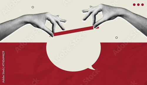 Trendy Halftone Collage Building business communications concept. Hands places last bridge block to overcome challenge. Relationship solution. Leadership support. Contemporary vector illustration art