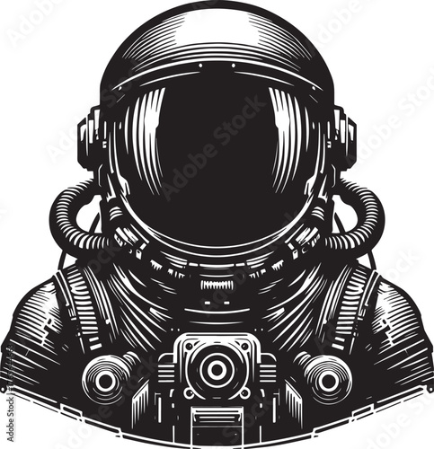Detailed Black and White Illustration of an Astronaut Helmet, Pe