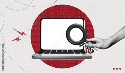 Trendy Halftone Collage Hand holding magnifying glass on laptop screen. Looking for technical problem. Binary code on background. Scanning for malware. Contemporary vector illustration art