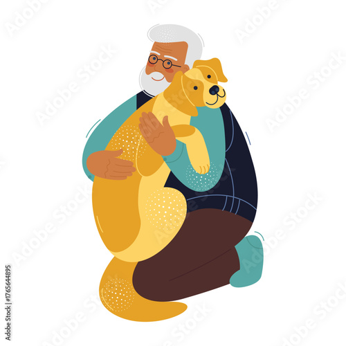 elderly gray-haired man hugs a large retriever dog. concept of animal love and an active lifestyle in retirement. flat cartoon-style drawing with textures. stock vector illustration. EPS 10.