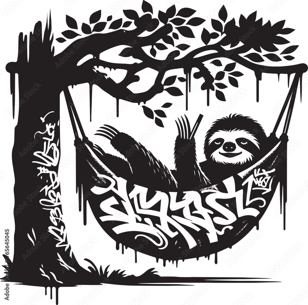 Naklejka premium A Relaxed Sloth Lounging in a Hammock Under a Tree with Graffiti