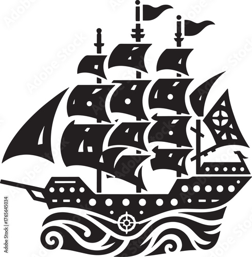 Silhouette of a Detailed Sailing Ship with Waves and Flags Again