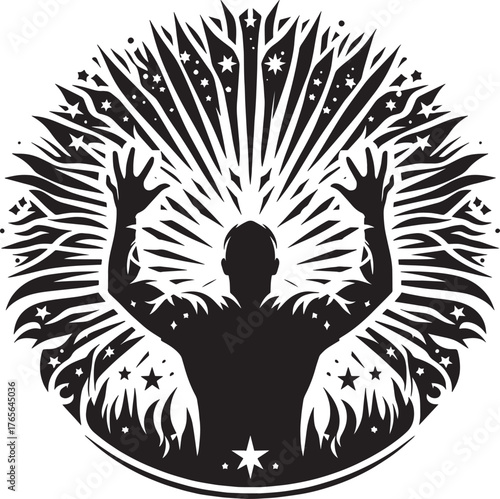 Intricate Silhouette of a Person with Arms Raised Surrounded by