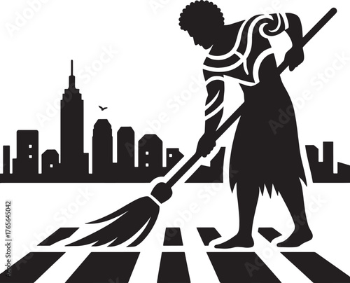 Artistic illustration of a person cleaning the city streets with