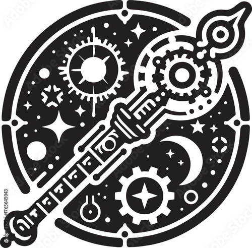 Intricate black and white illustration of a celestial staff with