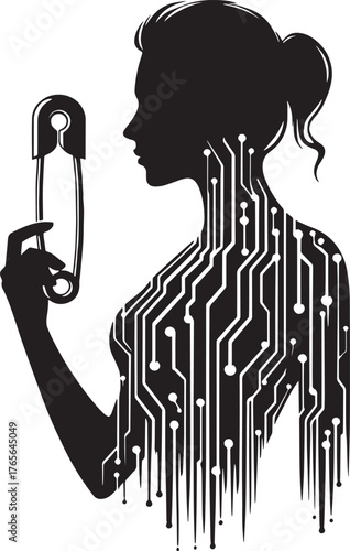 Silhouette of a Woman Holding a Safety Pin with Circuit Board Bo