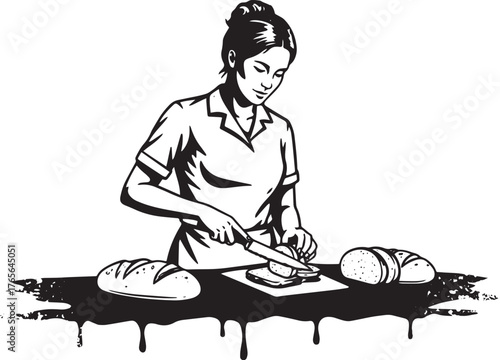 Monochrome illustration of a woman slicing bread with a knife on
