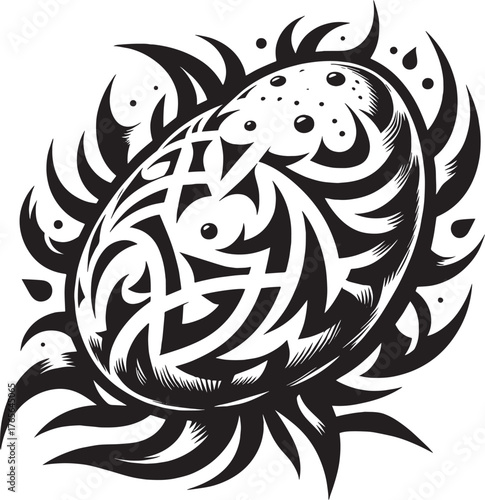 Intricate Black and White Tribal Egg-Shaped Design with Ornament