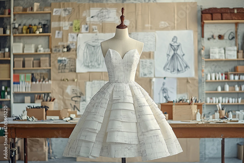 Professional fashion image of a stylish white dress on mannequin, perfect for advertising design, couture, and fashion craftsmanship.