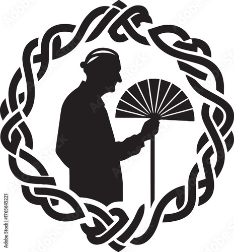 Elegant Silhouette of a Man with a Fan within a Decorative Celti