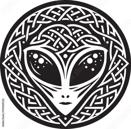 Intricate Black and White Alien Head Design Within a Celtic Knot