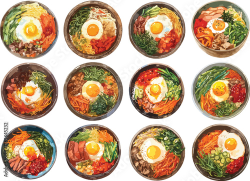 Watercolor Clipart of Bibimbap Bowls