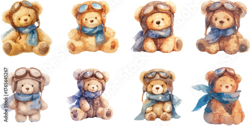 Watercolor Clipart of Aviator Teddy Bears