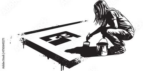 Silhouette of a woman repainting a symbol on a large surface out