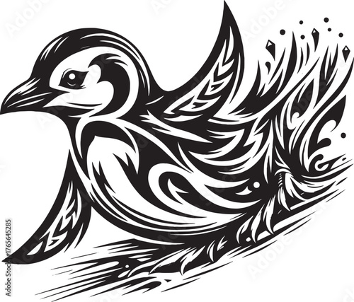 Artistic Black and White Penguin Illustration in Tribal Style wi