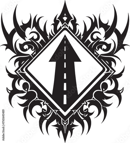 Intricate black and white vector illustration of a road arrow wi