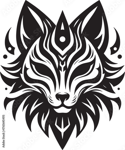 Intricate black and white illustration of a stylized fox face wi