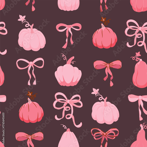 Seamless pattern pumpkins in Coquette preppy bows trellis for fall holidays, Thanksgiving textiles